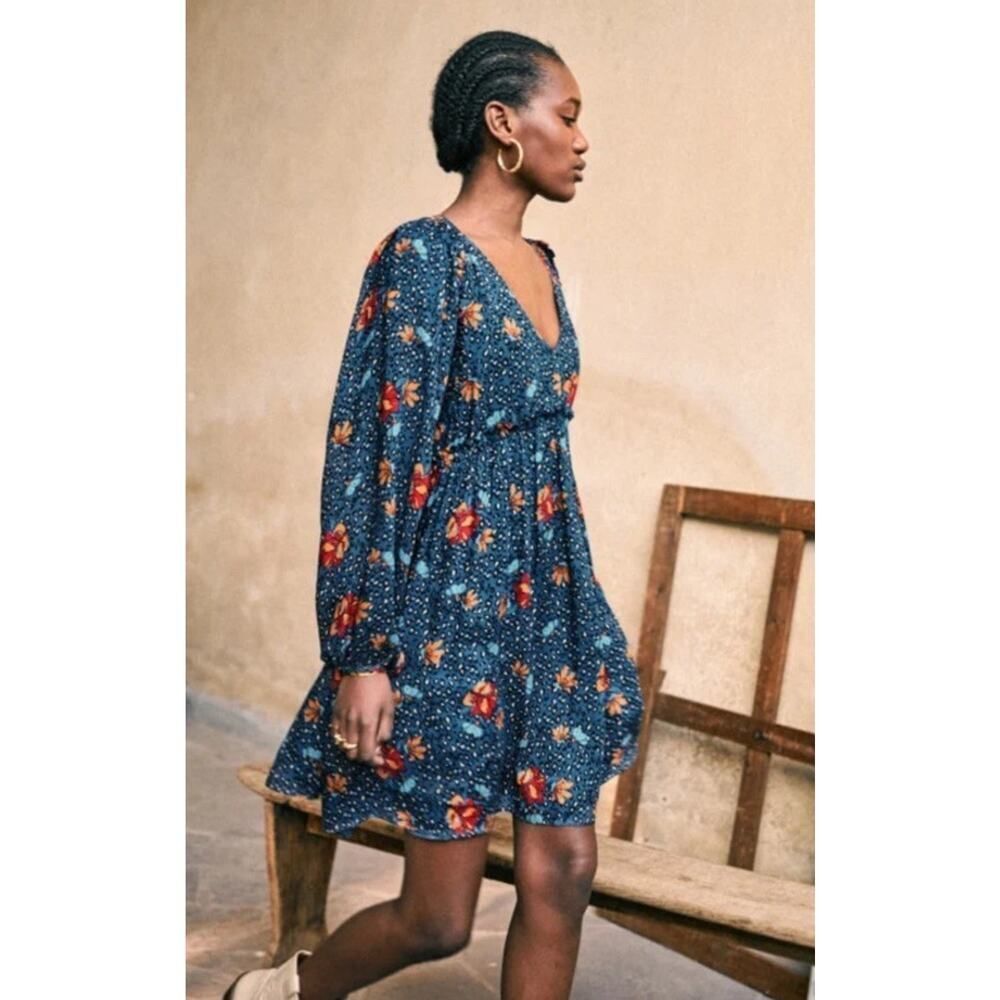 Sezane Evy Mini Dress Blue Floral Viscose Long Sleeve Boho Size US 4